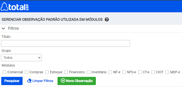 Gerenciar Observação padrão utilizada em módulos