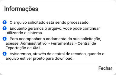 Mensagem de exportação realizada com sucesso